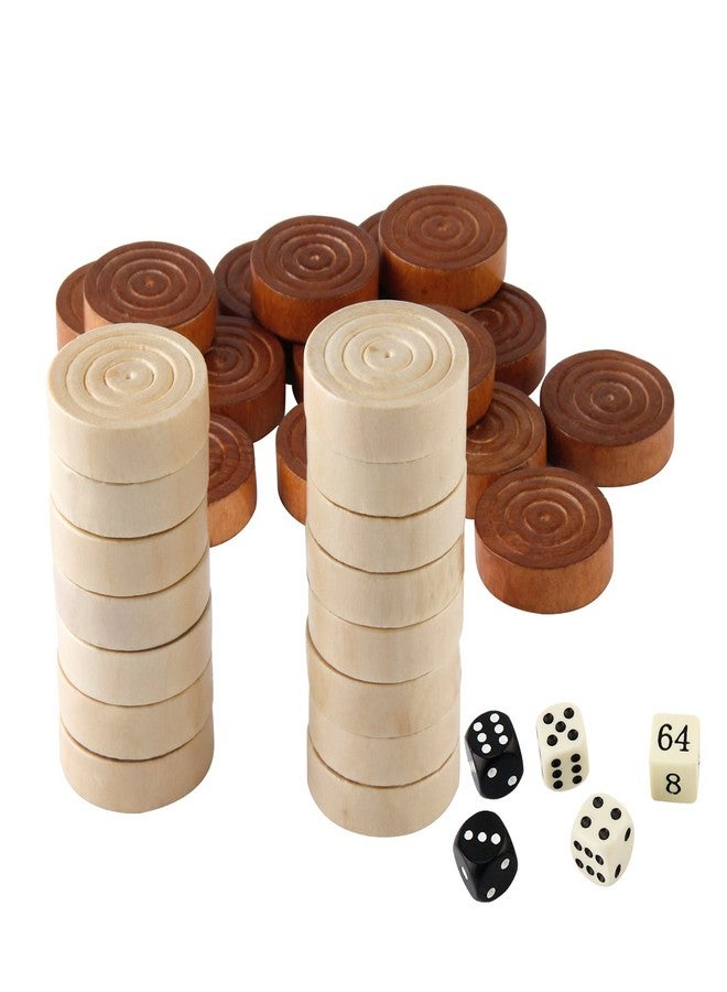 Amerous Thread Wooden Checkers Pieces Nature Wood Backgammon Pieces with Drawstring Bag, 5 Dices Included - Image 1